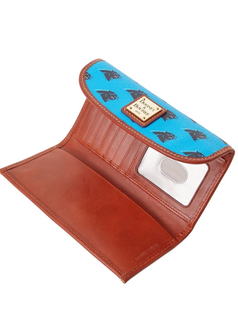 Dooney & Bourke NWT Teal Blue Panthers Print Continental Wallet with Brown Trim - Picture 3 of 6